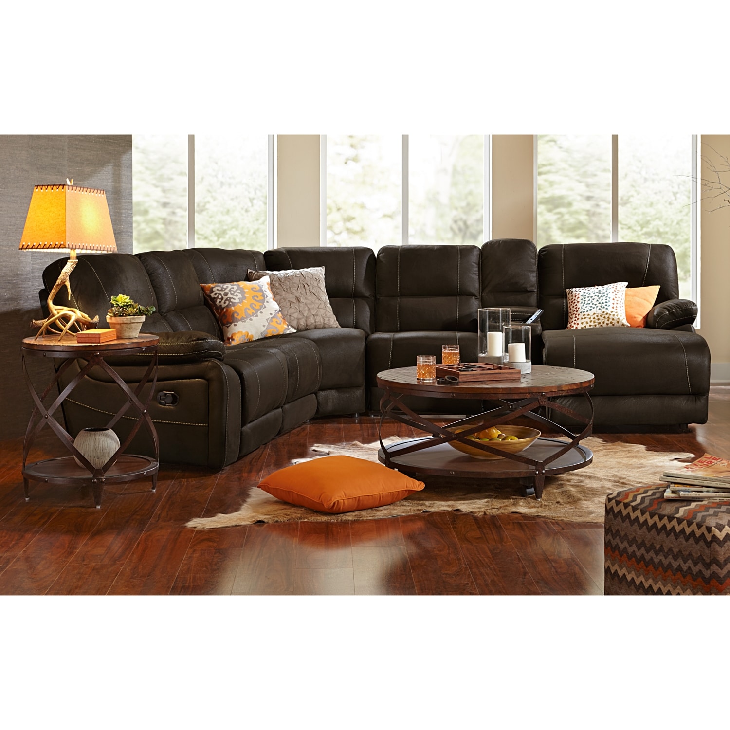 Wyoming 5-Piece Reclining Sectional with Right-Facing Chaise - Saddle Brown | Value City Furniture