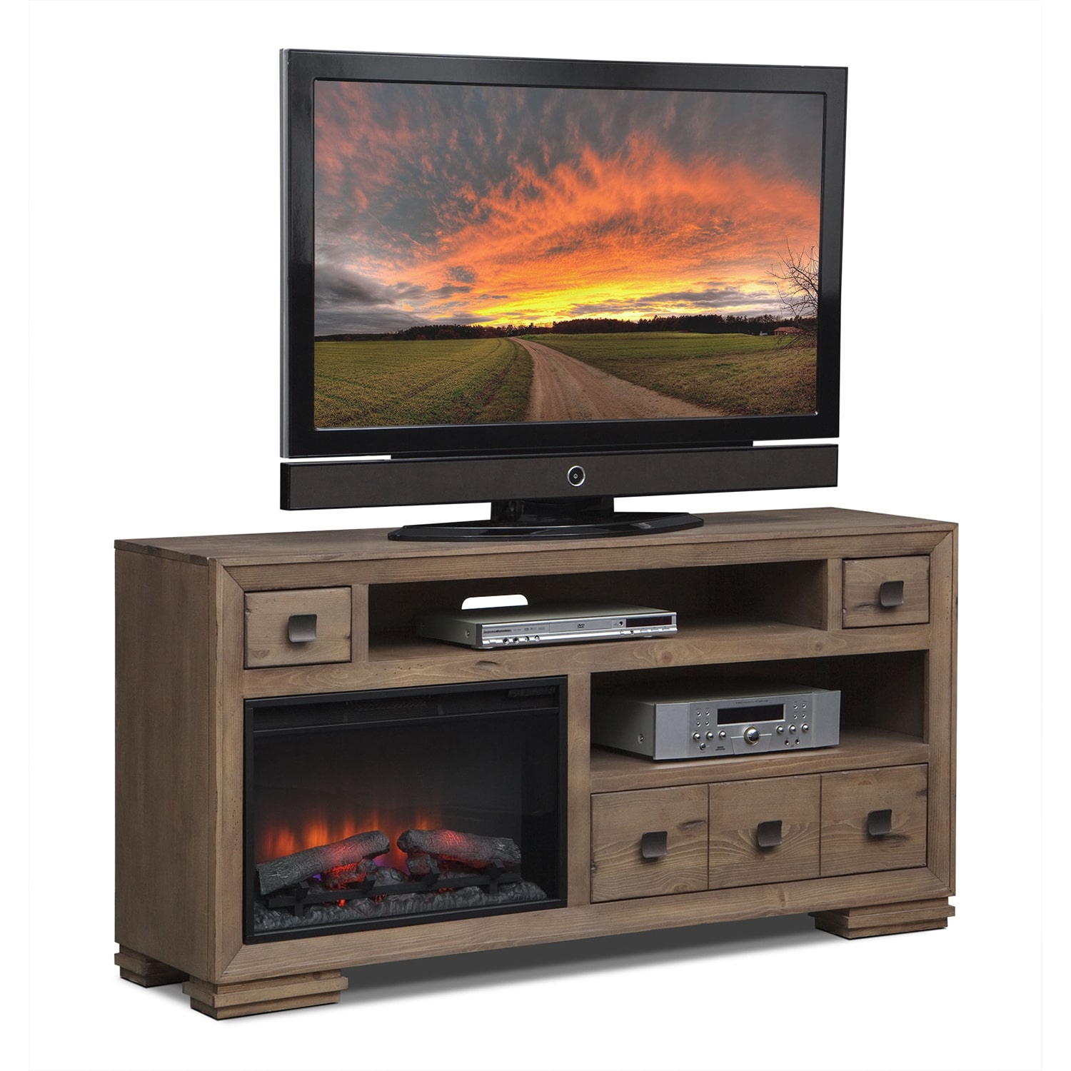 Mesa 64&quot; Fireplace TV Stand with Traditional Insert - Distressed Pine | Value City Furniture