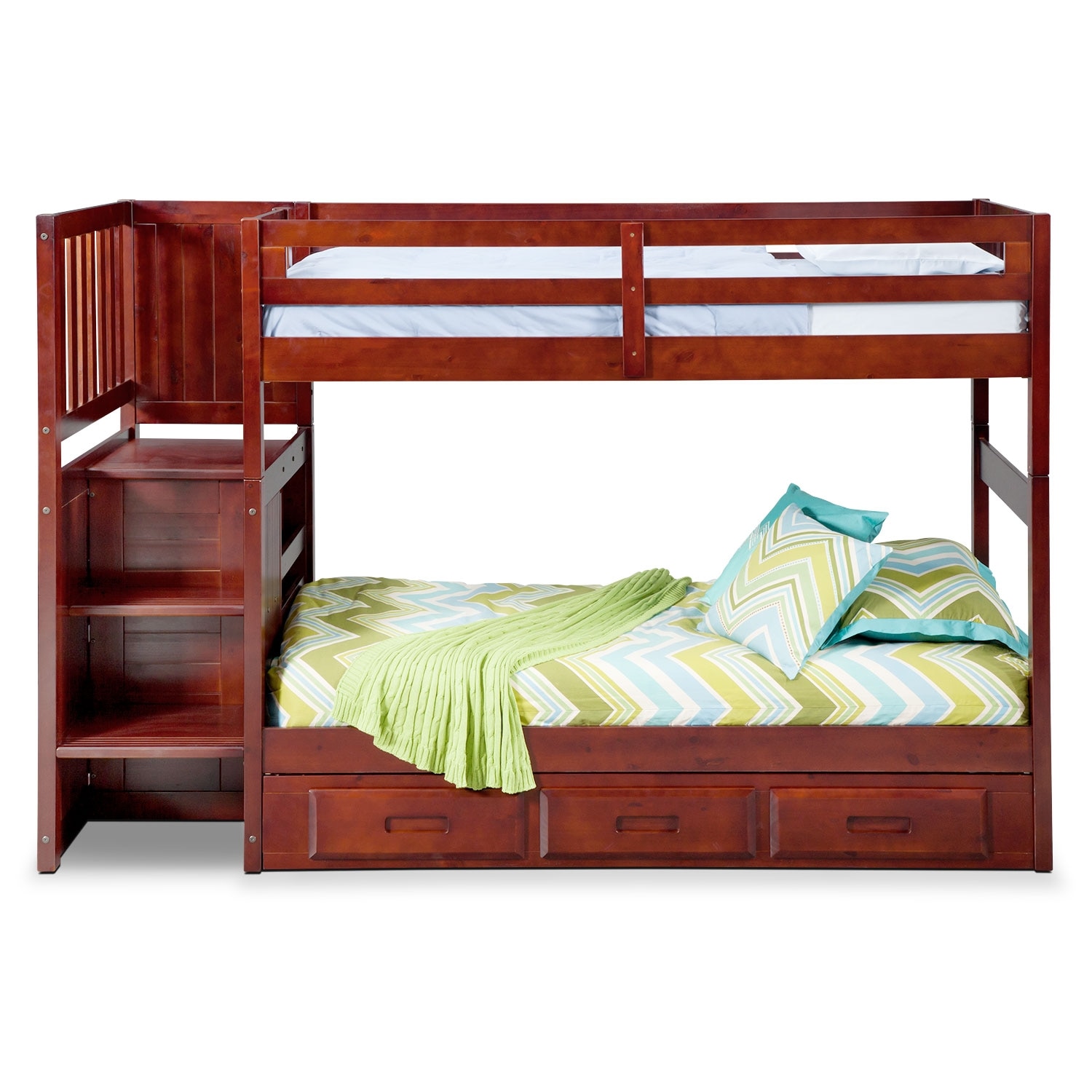 Ranger Twin over Twin Bunk Bed with Storage Stairs & Underbed Drawers Merlot Value City