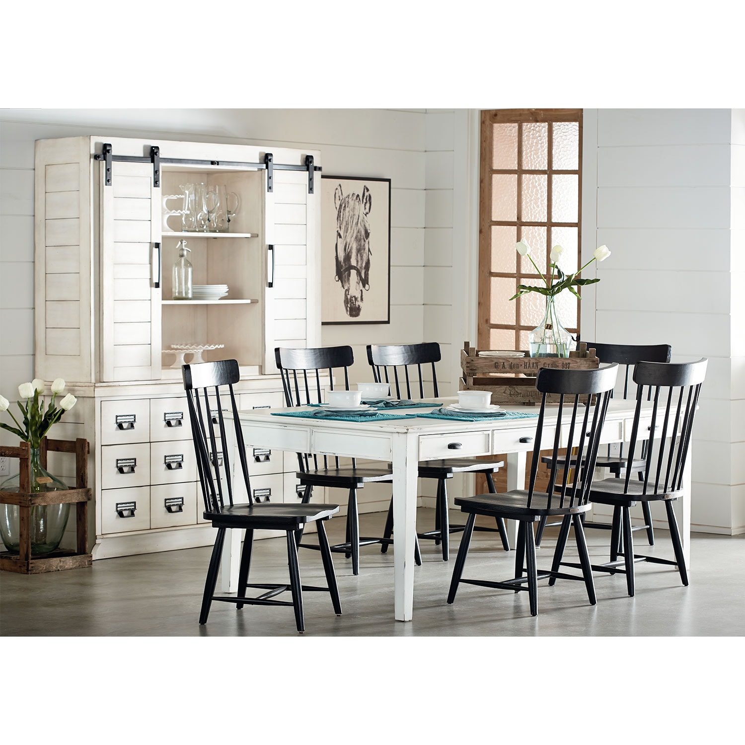 farmhouse keeping table six farmhouse spindle back chairs and two primitive windsor hoop chairs - Dining Room Sets Value City Furniture farmhouse keeping table six farmhouse spindle back chairs and two primitive windsor hoop chairs - Dining Room Sets Value City Furniture