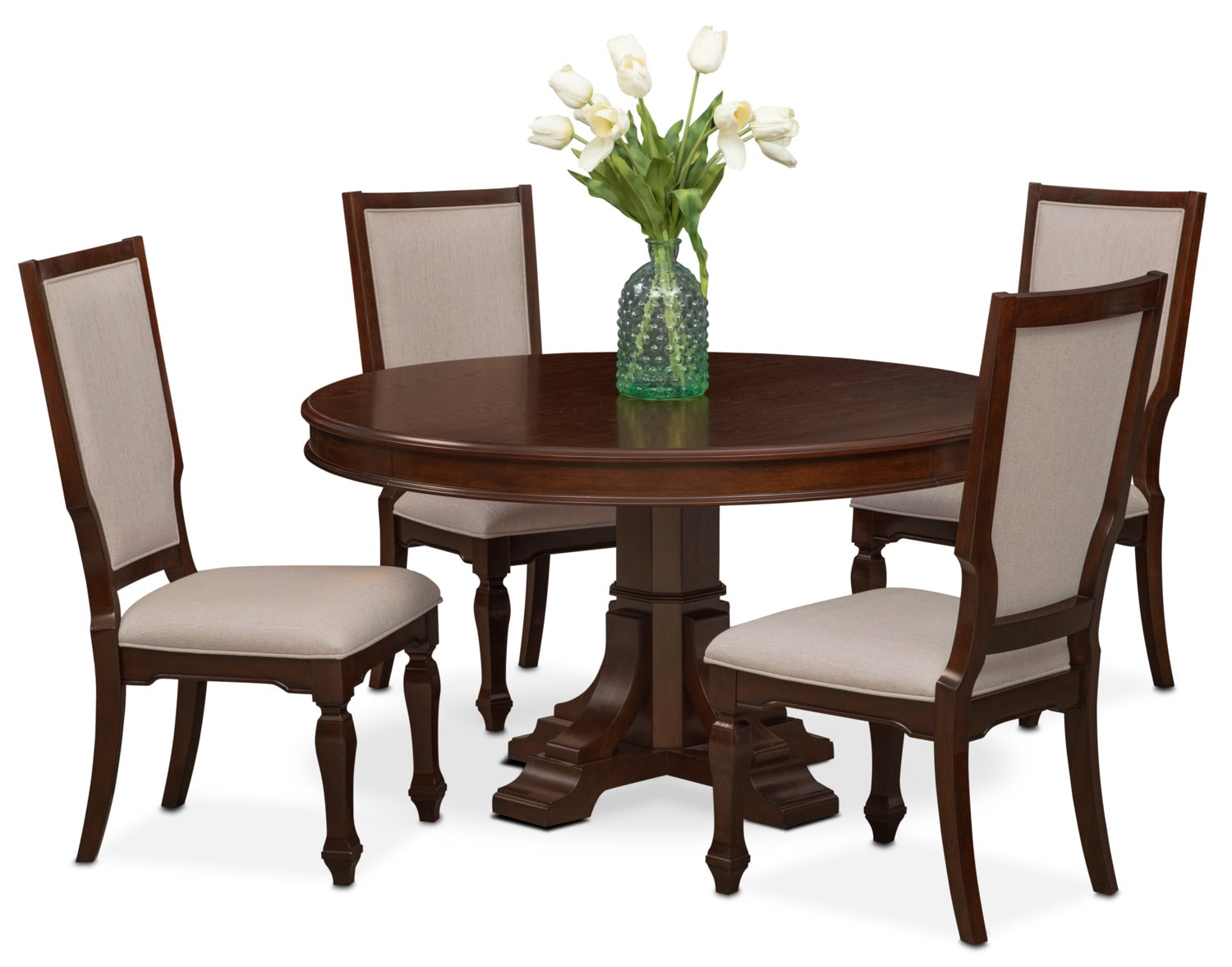 Vienna Round Dining Table and 4 Upholstered Side Chairs - Merlot