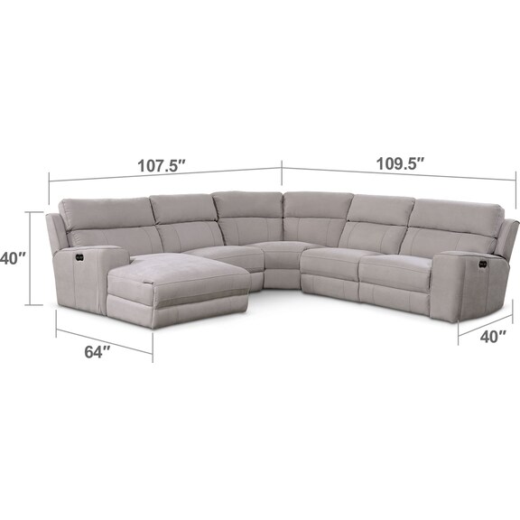 Living Room Furniture - Newport 5-Piece Power Reclining Sectional with Left-Facing Chaise and 1 Recliner - Light Gray
