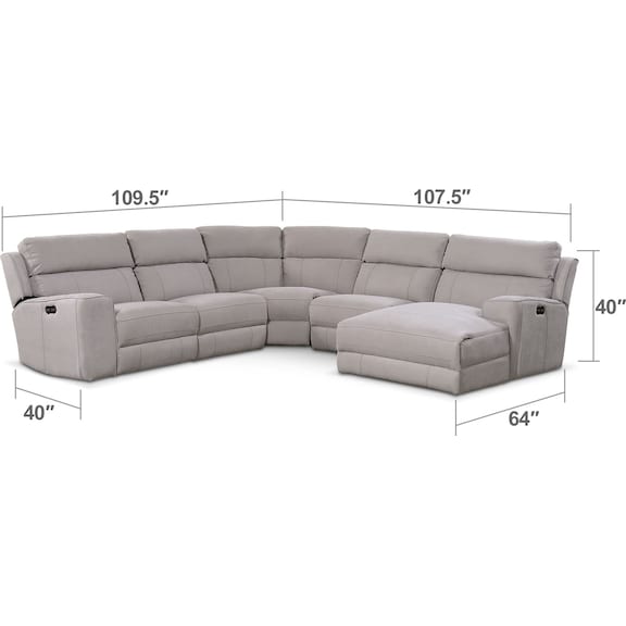 Living Room Furniture - Newport 5-Piece Power Reclining Sectional with Right-Facing Chaise and 2 Recliners - Light Gray
