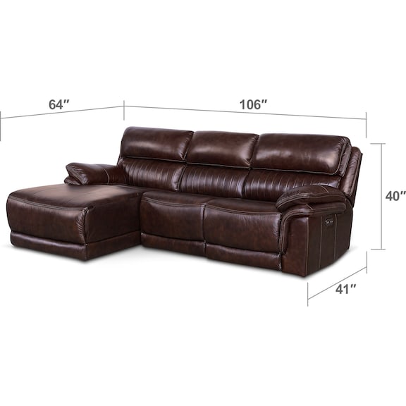 Living Room Furniture - Monterey 3-Piece Power Reclining Sectional with Left-Facing Chaise - Chocolate