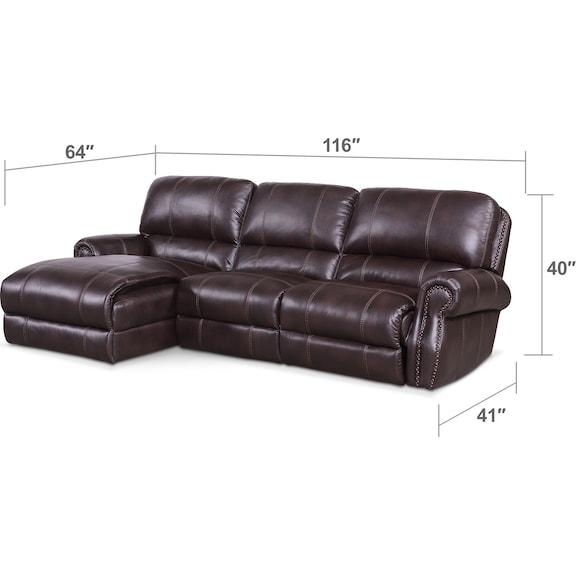 Living Room Furniture - Dartmouth 3-Piece Power Reclining Sectional with Left-Facing Chaise - Burgundy