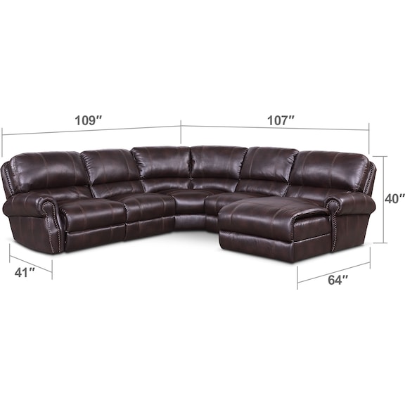 Living Room Furniture - Dartmouth 5-Piece Power Reclining Sectional w/ Right-Facing Chaise and 2 Reclining Seats - Burgundy