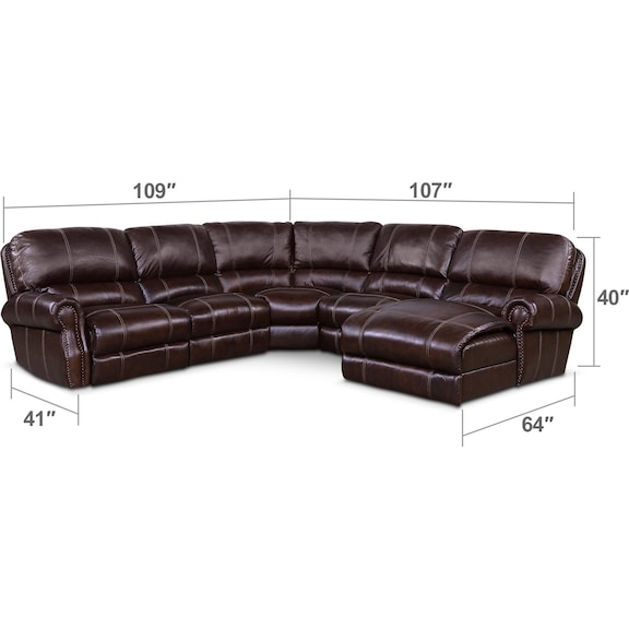 Living Room Furniture - Dartmouth 5-Piece Power Reclining Sectional w/ Right-Facing Chaise and 2 Reclining Seats - Chocolate