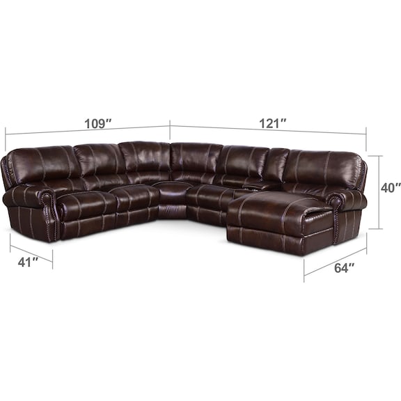 Living Room Furniture - Dartmouth 6-Piece Power Reclining Sectional w/ Right-Facing Chaise and 1 Reclining Seat - Chocolate