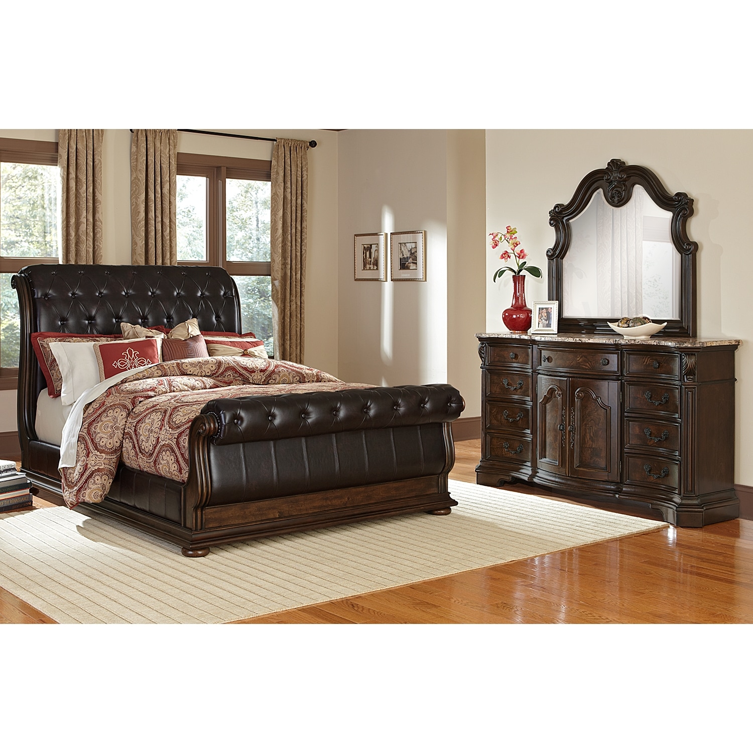 Monticello 5 Piece King Upholstered Sleigh Bedroom Set Pecan