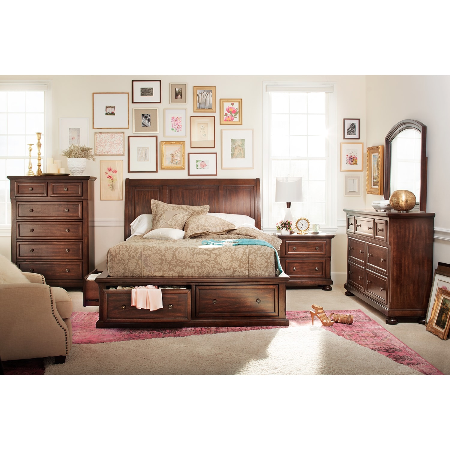 Hanover 7-Piece Queen Storage Bedroom Set - Cherry | Value City Furniture and Mattresses