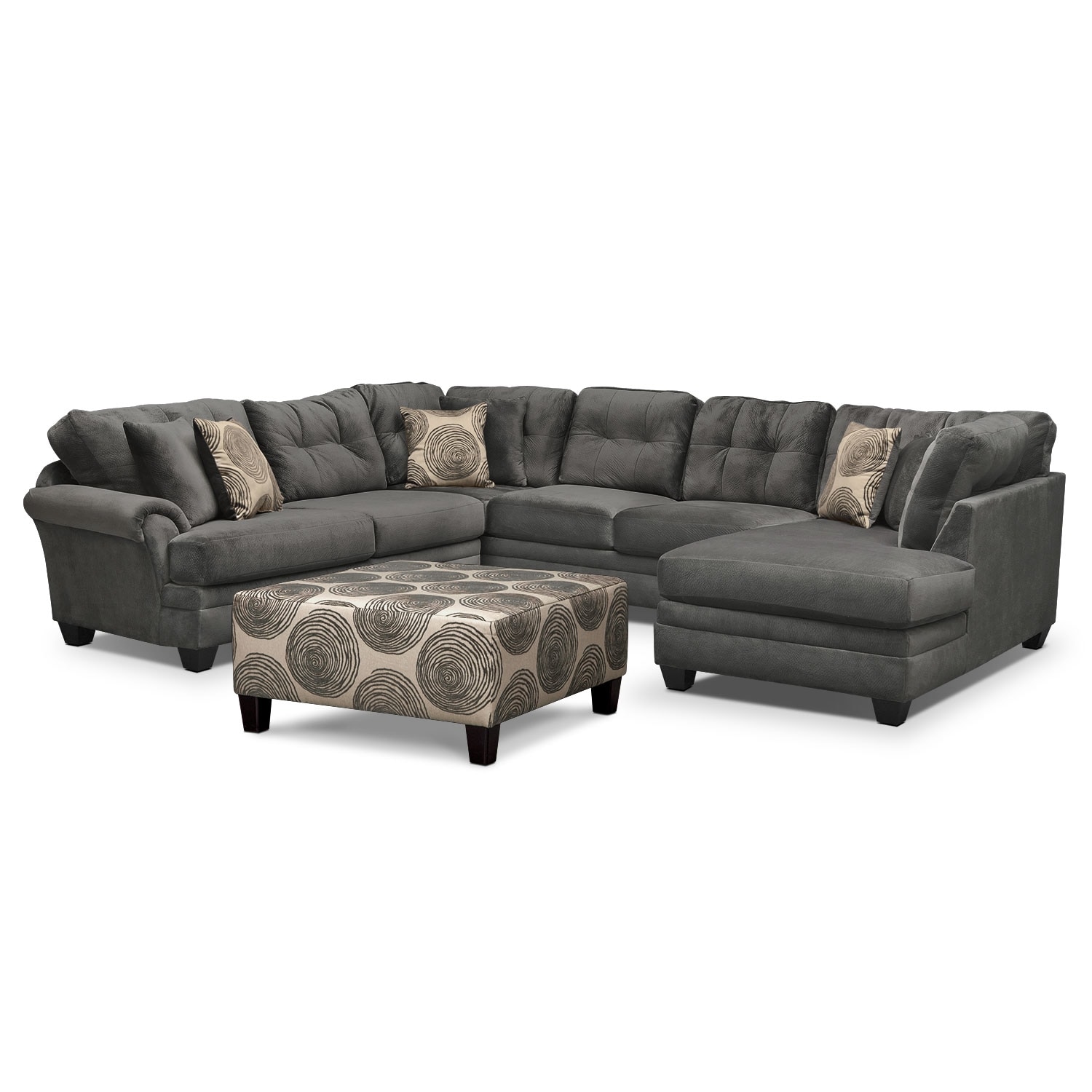 Cordelle 3 Piece Sectional With Right Facing Chaise And Cocktail Ottoman Set