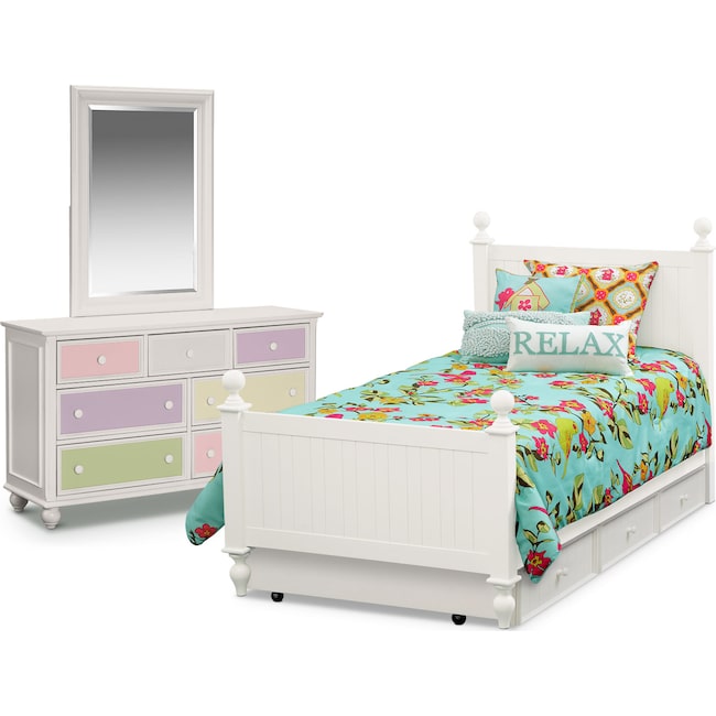 Kids Furniture - Colorworks 6-Piece Full Bedroom Set with Twin Trundle, Dresser and Mirror - White