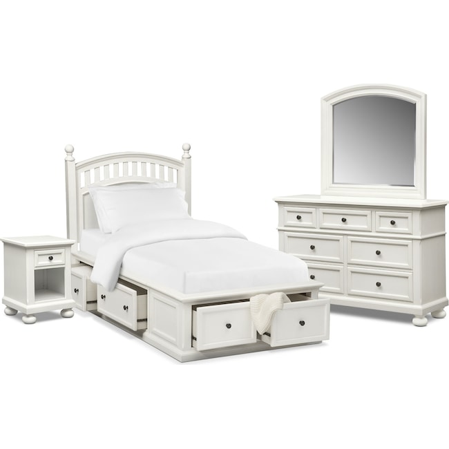 Kids Furniture - Hanover Youth 6-Piece Poster Bedroom Set with Storage, Nightstand, Dresser and Mirror