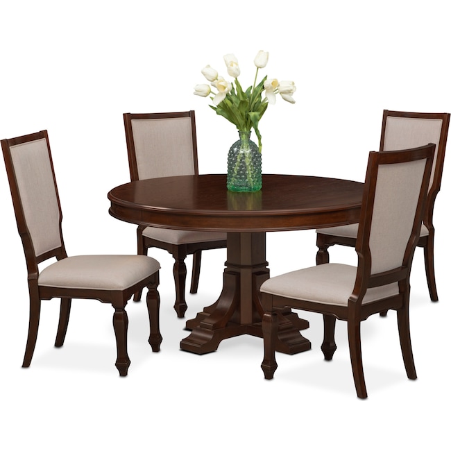 Vienna Round Dining Table and 4 Upholstered Side Chairs 