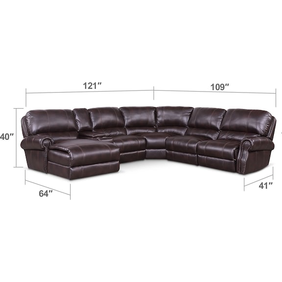 Living Room Furniture - Dartmouth 6-Piece Dual-Power Reclining Sectional with Chaise and 1 Reclining Seat