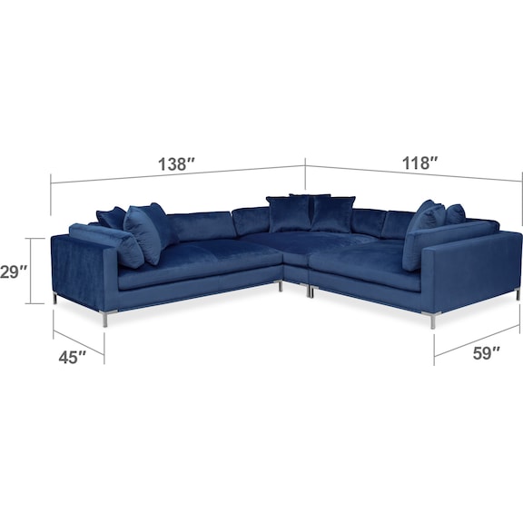 Living Room Furniture - Moda 3-Piece Sectional with Left-Facing Chaise - Blue