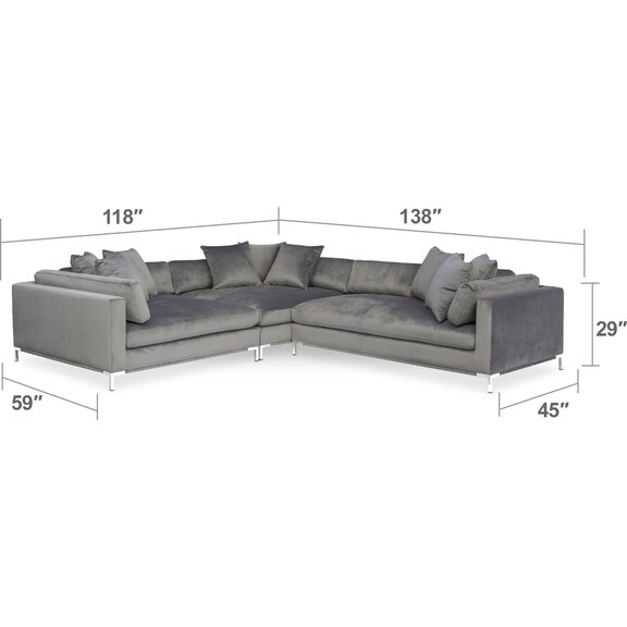 Living Room Furniture - Moda 3-Piece Sectional with Right-Facing Chaise - Gray