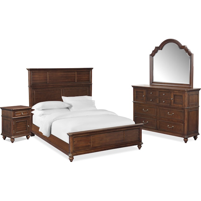 Bedroom Furniture - Charleston 6-Piece Panel Bedroom Set with Nightstand, Dresser and Mirror