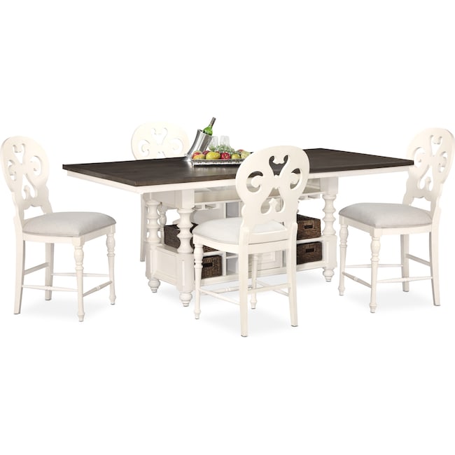 Dining Room Furniture - Charleston Counter-Height Kitchen Island and 4 Scroll-Back Stools