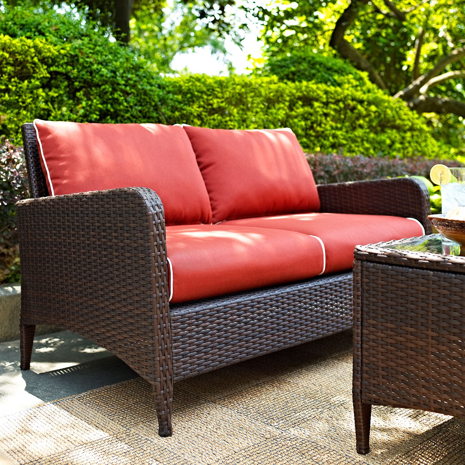 Corona Outdoor Loveseat 2 Chairs And Tail Table Set Sangria Click To Change Image