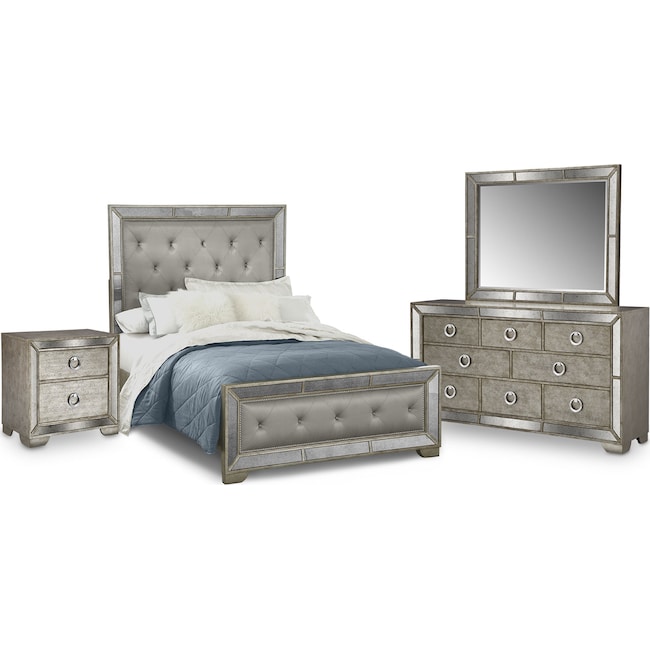 angelina 6-piece upholstered bedroom set with nightstand, dresser and mirror