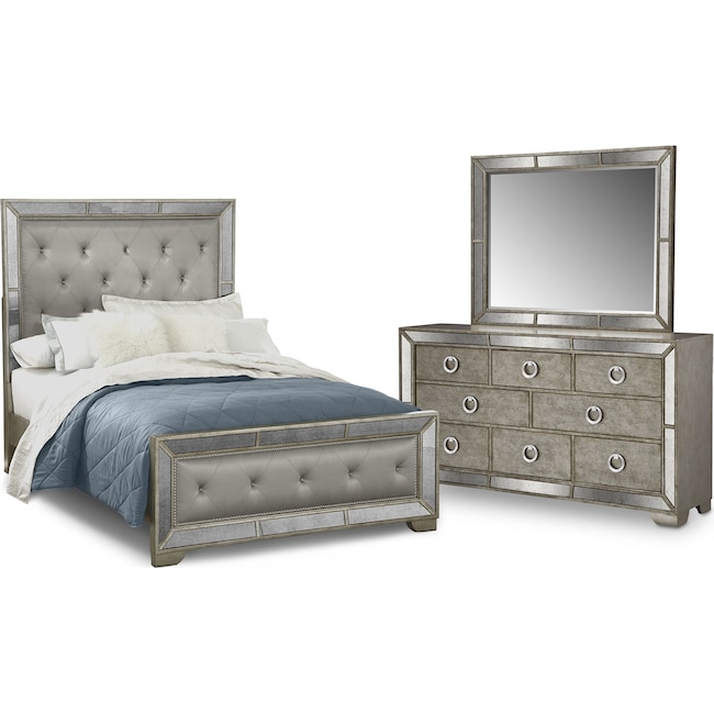 angelina 5-piece upholstered bedroom set with dresser and mirror