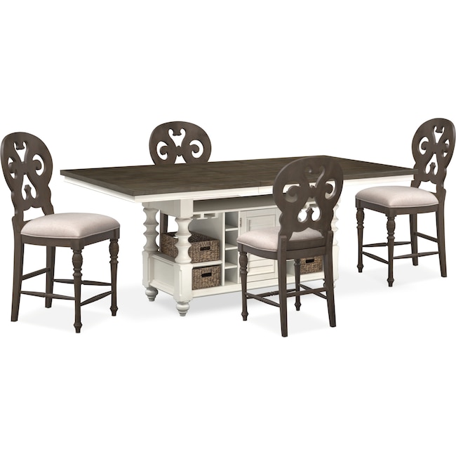 Dining Room Furniture - Charleston Counter-Height Kitchen Island and 4 Scroll-Back Stools