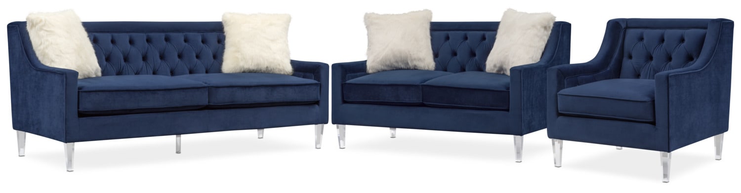 Chloe Sofa Loveseat And Chair Set Blue Value City Furniture Chloe Sofa Loveseat And Chair Set Blue