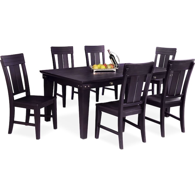 Dining Room Furniture - New Haven Dining Table and 6 Slat-Back Side Chairs - Black