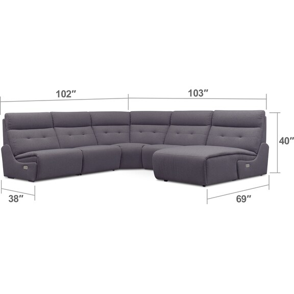 Living Room Furniture - Jett 5-Piece Dual Power Reclining Right-Facing Sectional with Chaise - Gray