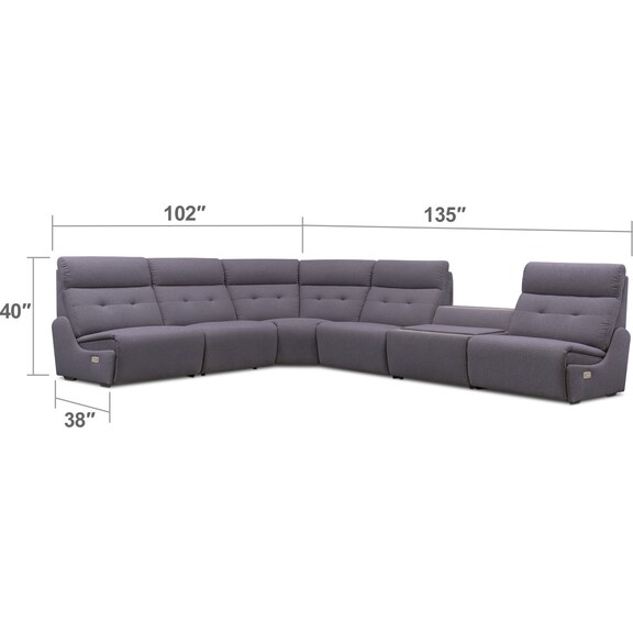 Living Room Furniture - Jett 6-Piece Dual Power Reclining Sectional with 2 Reclining Seats - Gray