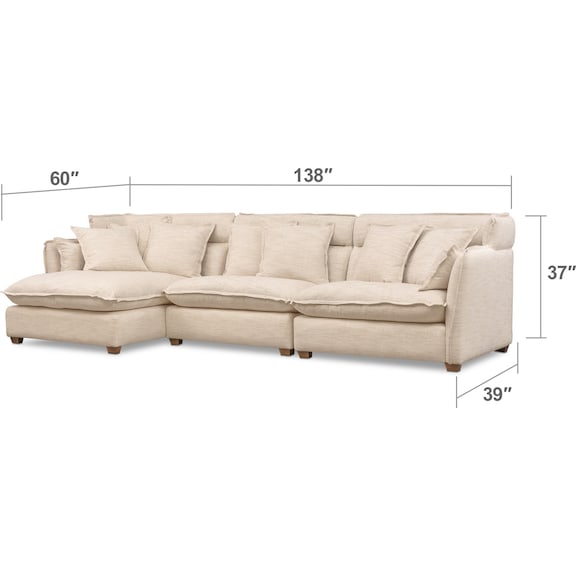 Living Room Furniture - Willow 3-Piece Sectional with Left-Facing Chaise - Beige