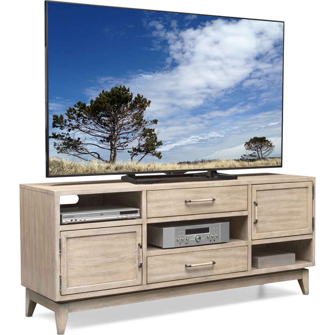 Saybrook 66" TV Stand Sandstone Value City Furniture and Mattresses