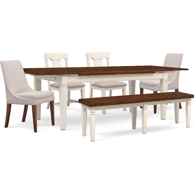 Dining Room Furniture - Adler Dining Table, 2 Side Chairs, 2 Upholstered Side Chairs and Bench