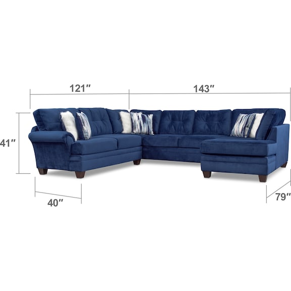 Living Room Furniture - Cordelle 3-Piece Sectional and Cocktail Ottoman Set - Blue