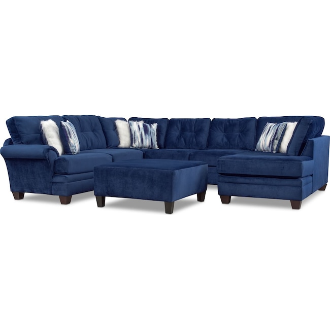 Living Room Furniture - Cordelle 3-Piece Sectional and Cocktail Ottoman Set - Blue