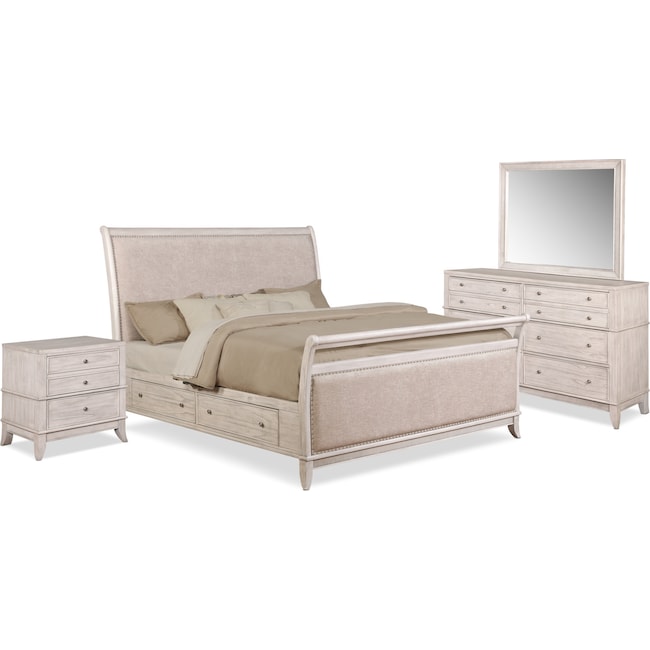 Bedroom Furniture - Hazel 6-Piece Upholstered Bedroom Set with 2-Drawer Nightstand, Dresser and Mirror