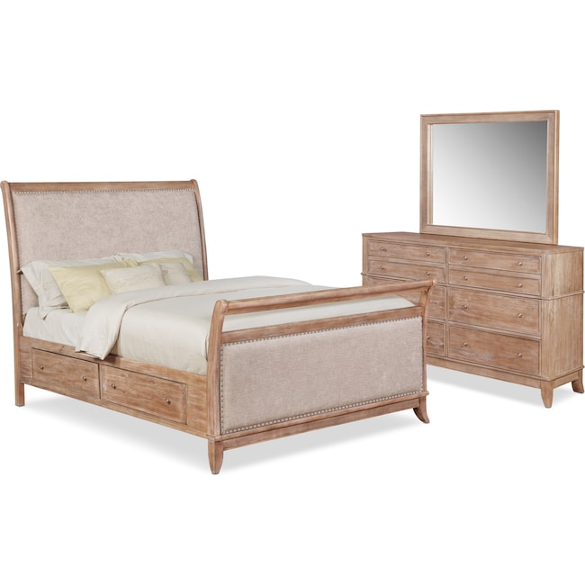 Bedroom Furniture - Hazel 5-Piece Upholstered Bedroom Set with Dresser and Mirror