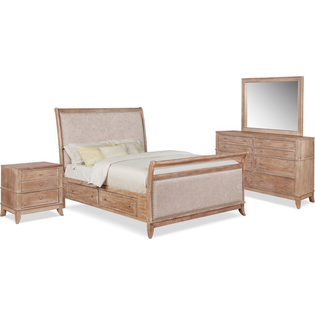Bedroom Furniture - Hazel 6-Piece Upholstered Bedroom Set with 2-Drawer Nightstand, Dresser and Mirror