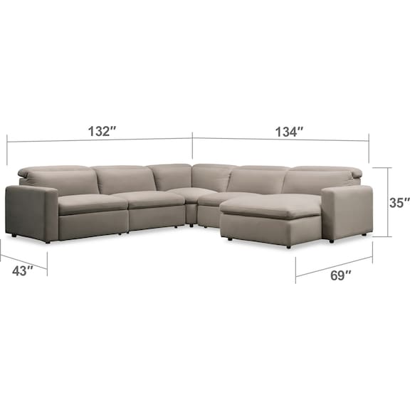 Living Room Furniture - Happy 5-Piece Dual Power Reclining Sectional with Right-Facing Chaise and 3 Reclining Seats - Shitak