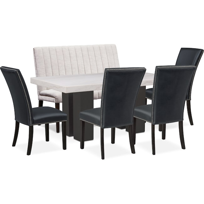 Dining Room Furniture - Artemis Marble Dining Table, 4 Upholstered Dining Chairs, and Bench