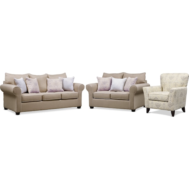 Living Room Furniture - Carla Queen Sleeper Sofa, Loveseat, and Accent Chair Set