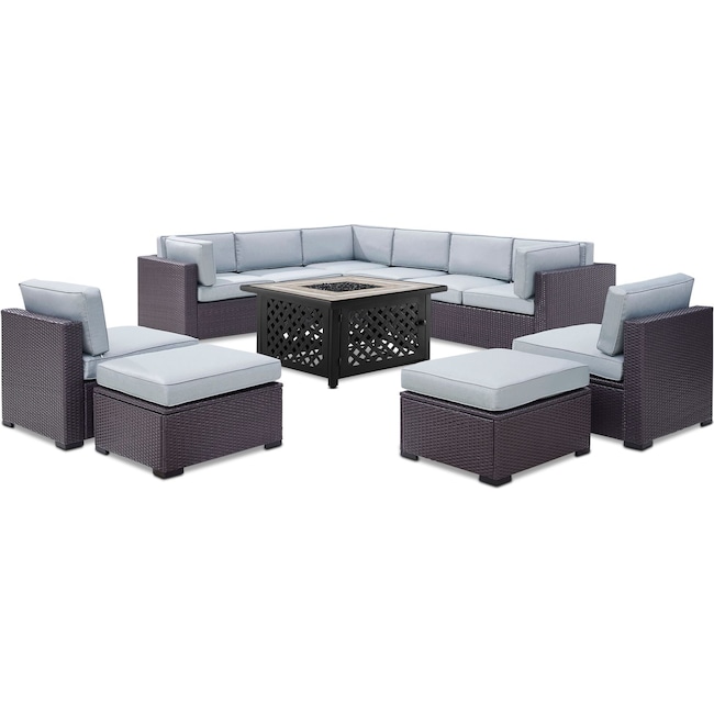 Outdoor Furniture - Isla 3-Piece Outdoor Sectional, 2 Armless Chairs, 2 Ottomans, and Fire Table - Mist
