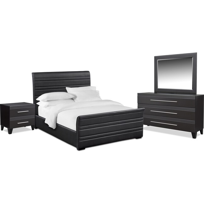 Bedroom Furniture - Allori 6-Piece Upholstered Bedroom Set with Nightstand, Dresser and Mirror