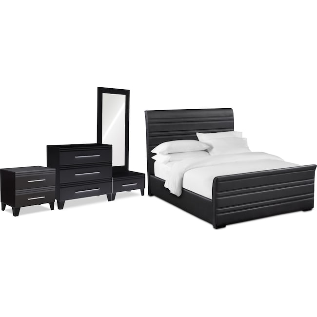 Bedroom Furniture - Allori 6-Piece Upholstered Bedroom Set with Nightstand, Chest and Dressing Mirror