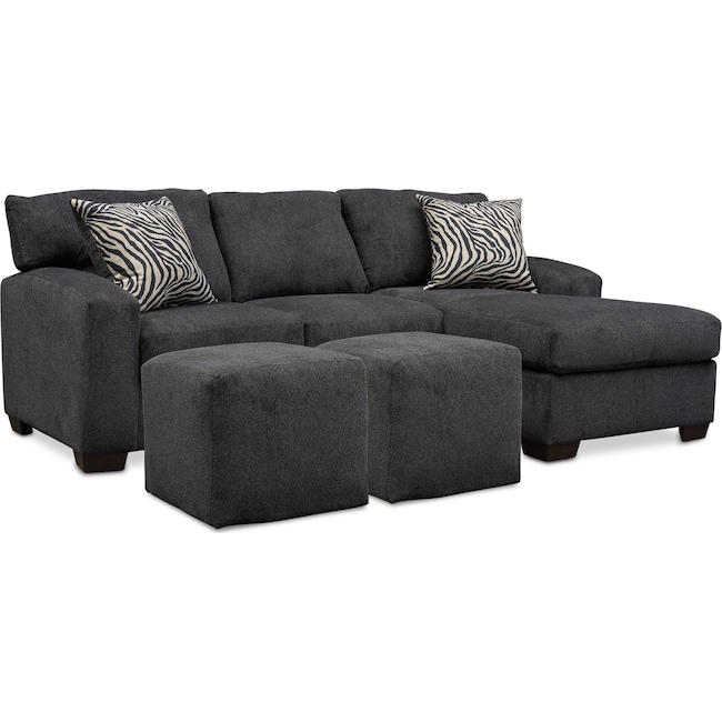 Living Room Furniture - Nala 2-Piece Sectional with Chaise and 2 Solid Cube Ottomans