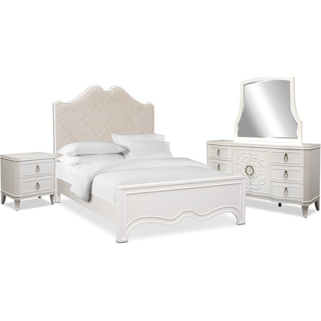 Bedroom Furniture - Isabel 6-Piece Upholstered Bedroom Set with Nightstand, Dresser and Mirror