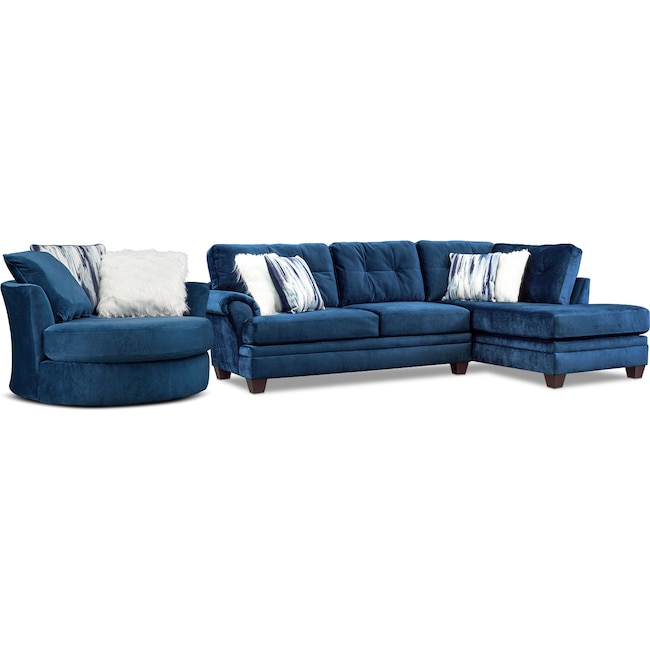 Living Room Furniture - Cordelle 2-Piece Sectional with Chaise and Swivel Chair Set with Faux Fur Pillows