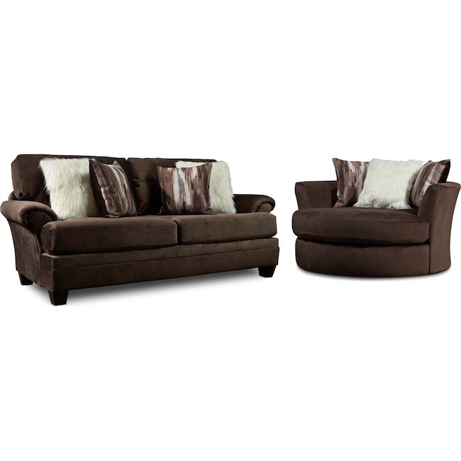 Living Room Furniture - Cordelle Sofa and Swivel Chair Set with Faux Fur Pillows