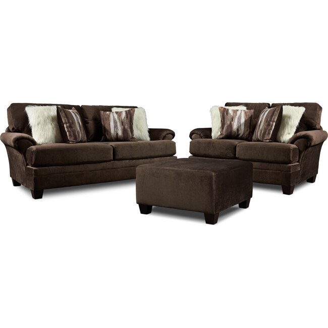 Living Room Furniture - Cordelle Sofa, Loveseat, and Ottoman with Faux Fur Pillows